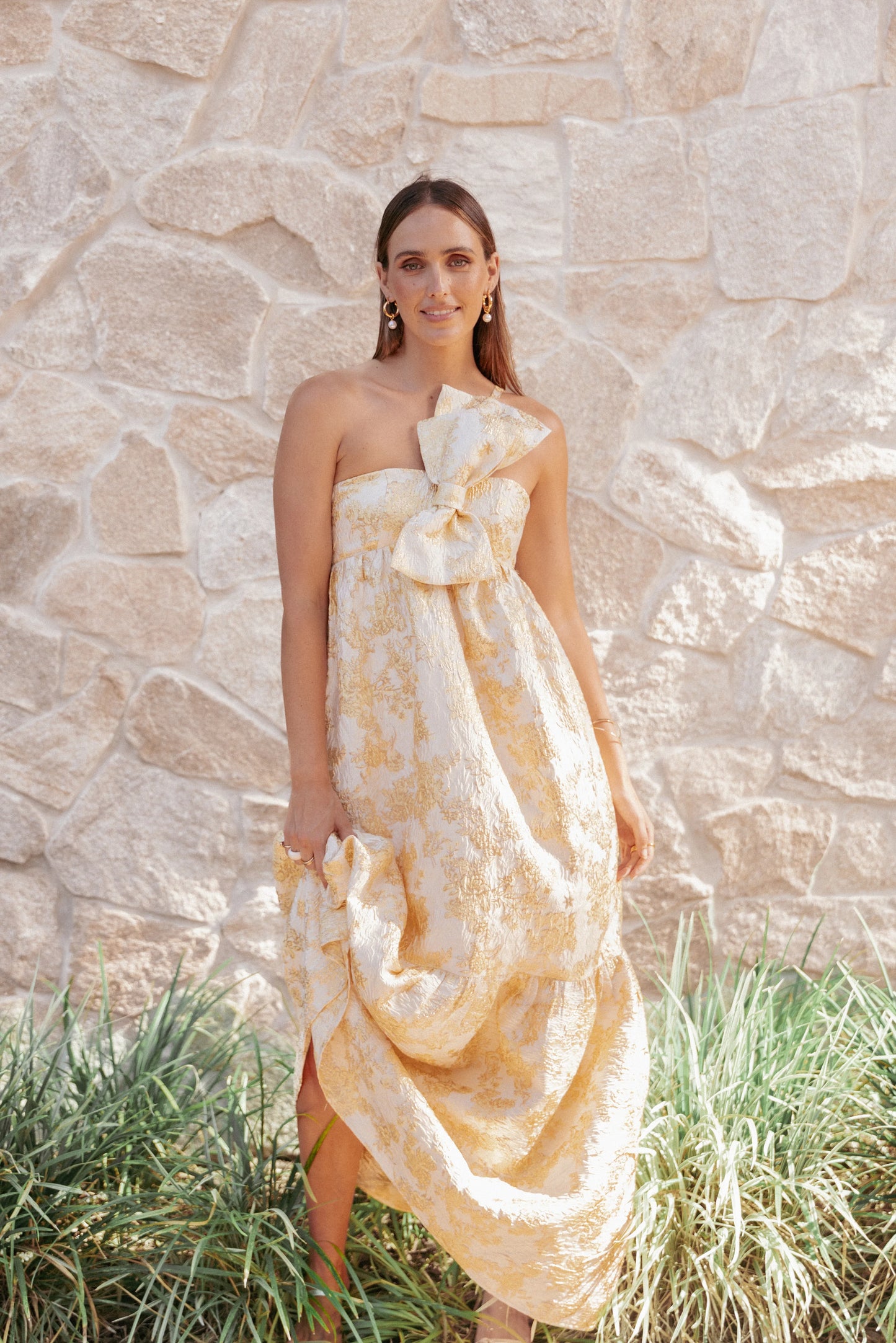 Betina Bow Front Maxi Dress Yellow Brocade