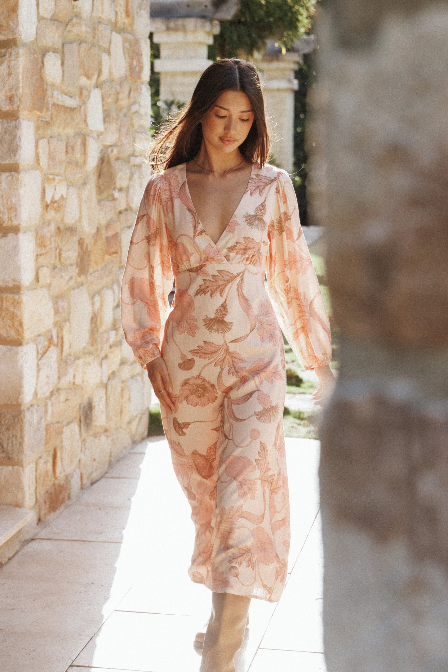 Kolby Long Sleeve Midi Dress Pink Floral