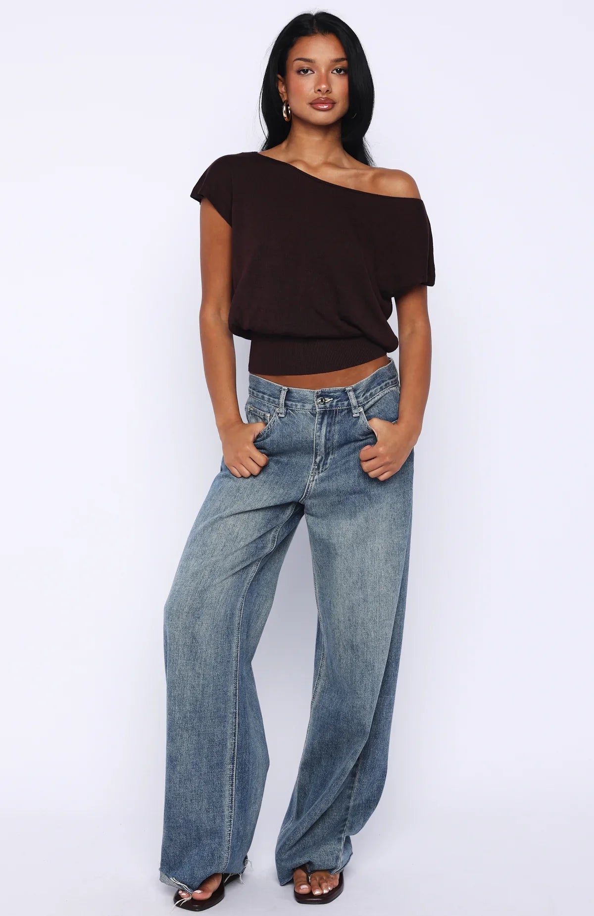 Cant Change My Mind Off Shoulder Cinched Top Chocolate