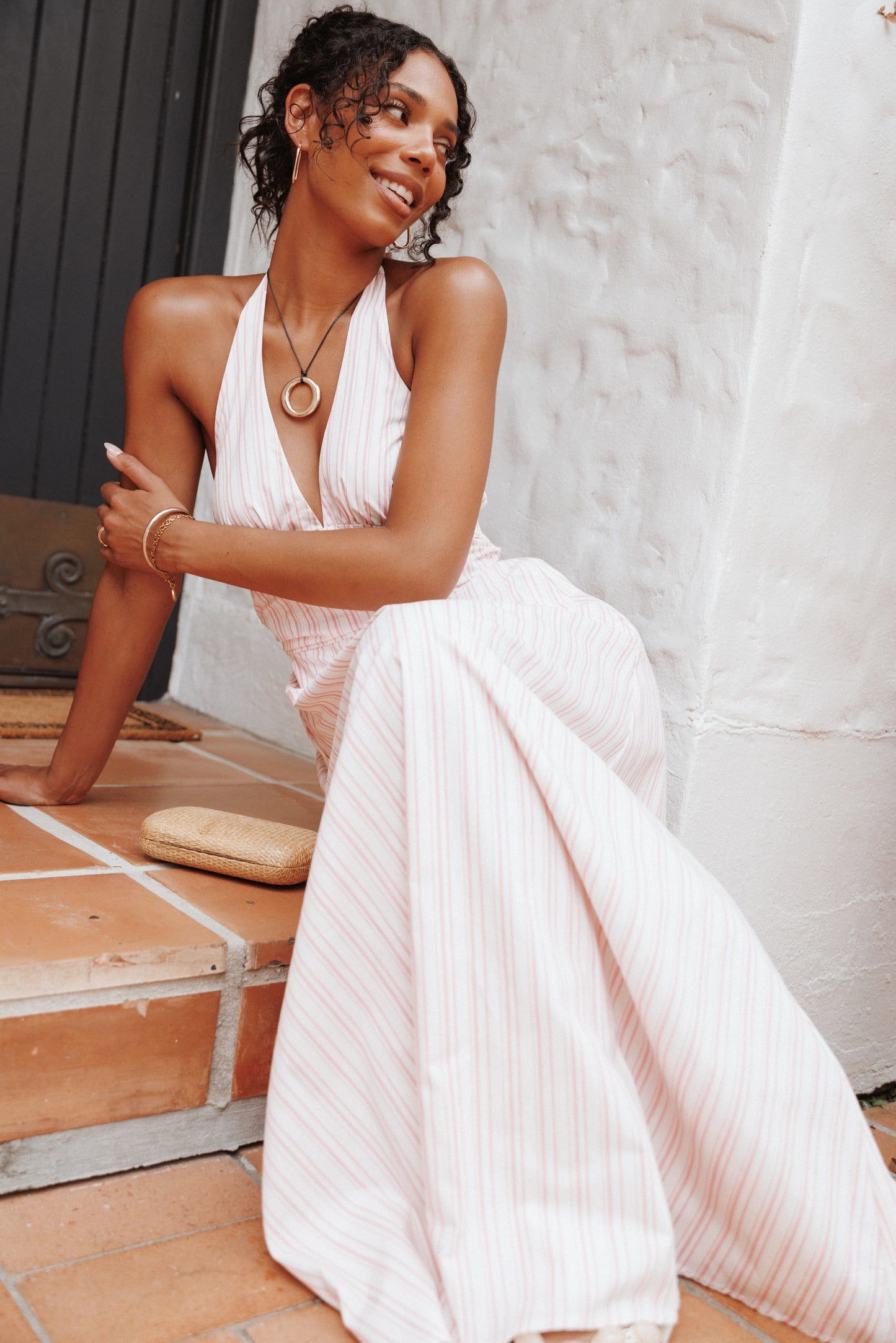 Marie Halterneck Maxi Dress Pink Stripe