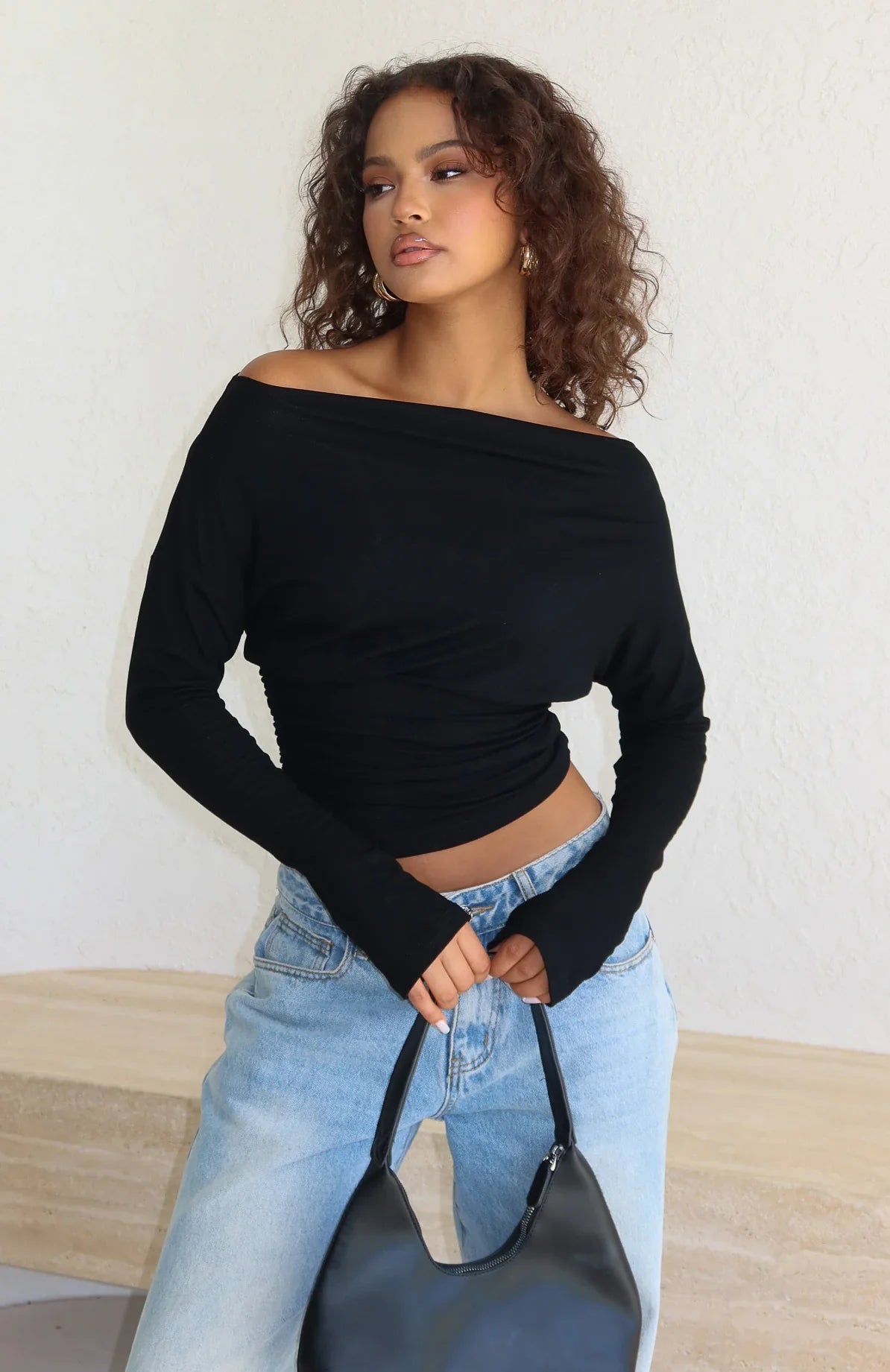 Another Time Cinched Waist Long Sleeve Top Black