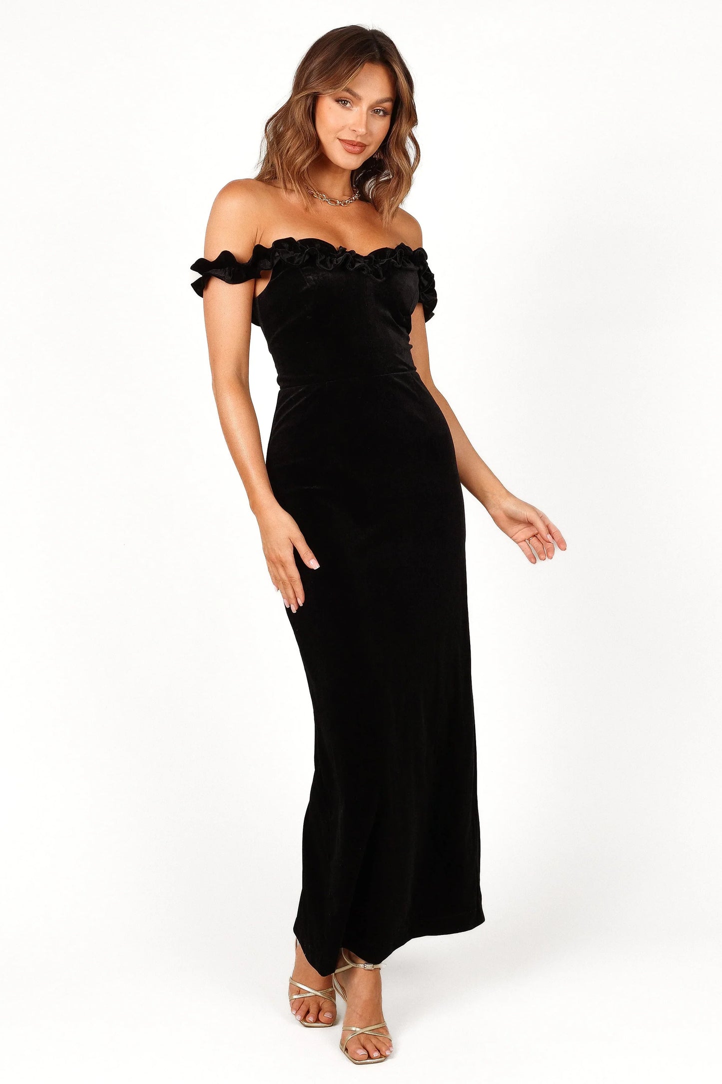 Celeste Off Shoulder Velvet Maxi Dress Black