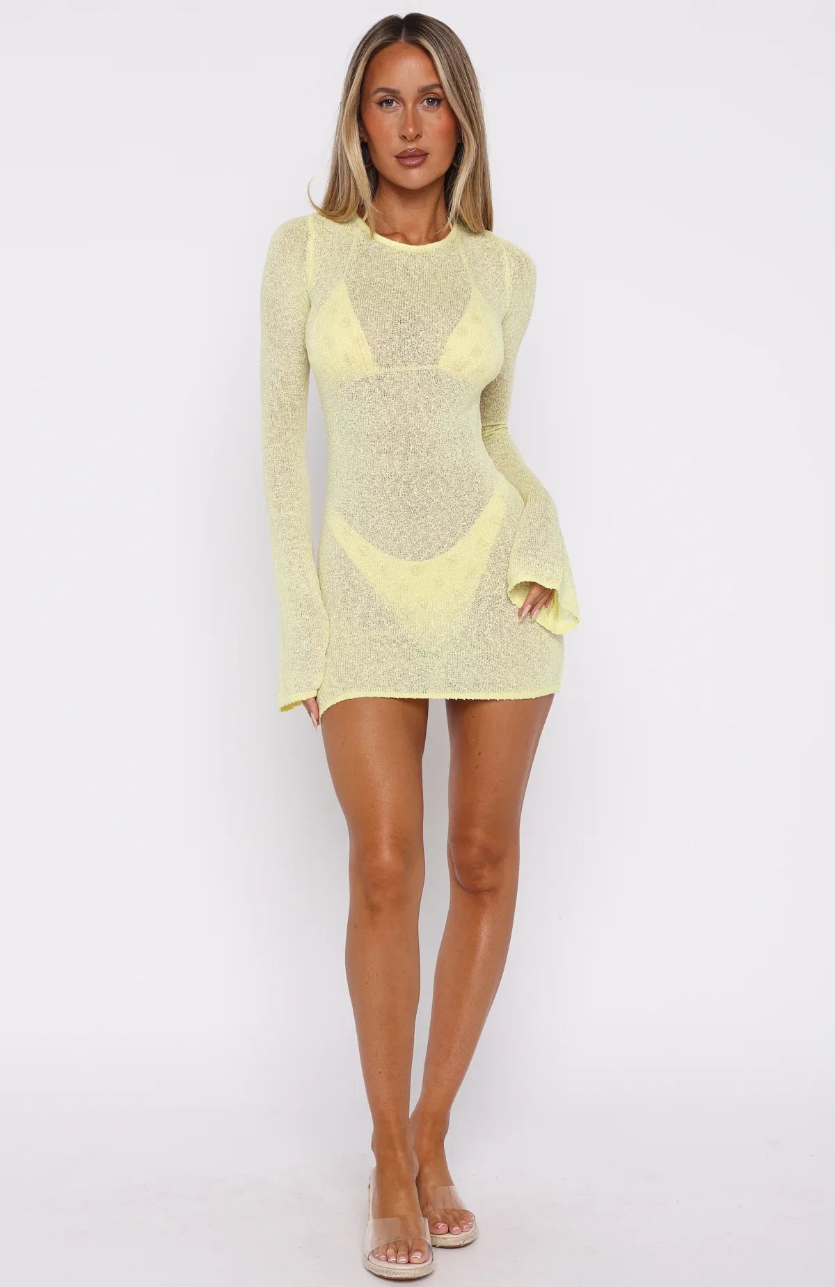 Stand And Stare Long Sleeve Mini Dress Lemon