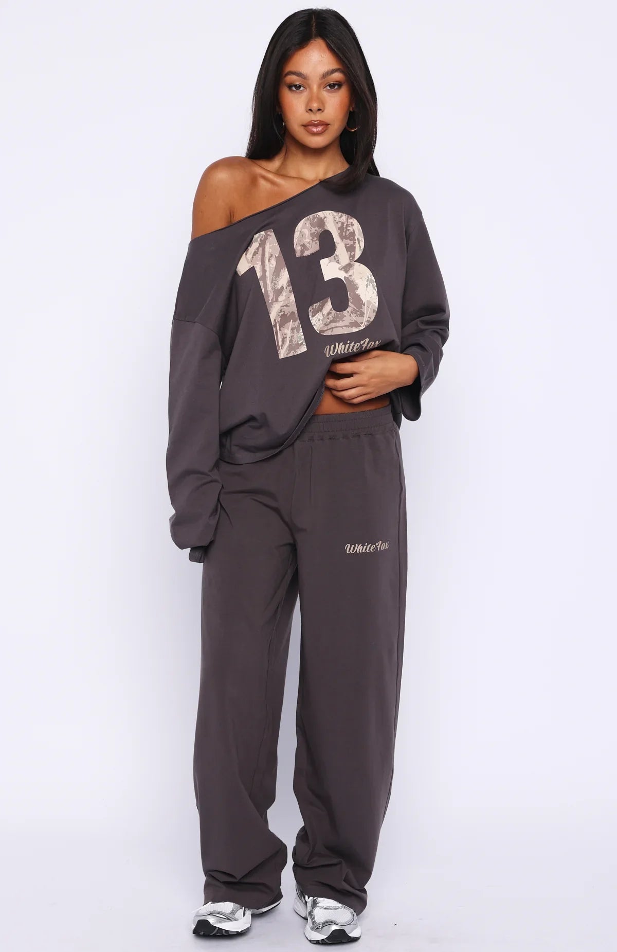 All A Dream Off Shoulder Oversized Long Sleeve Tee Charcoal