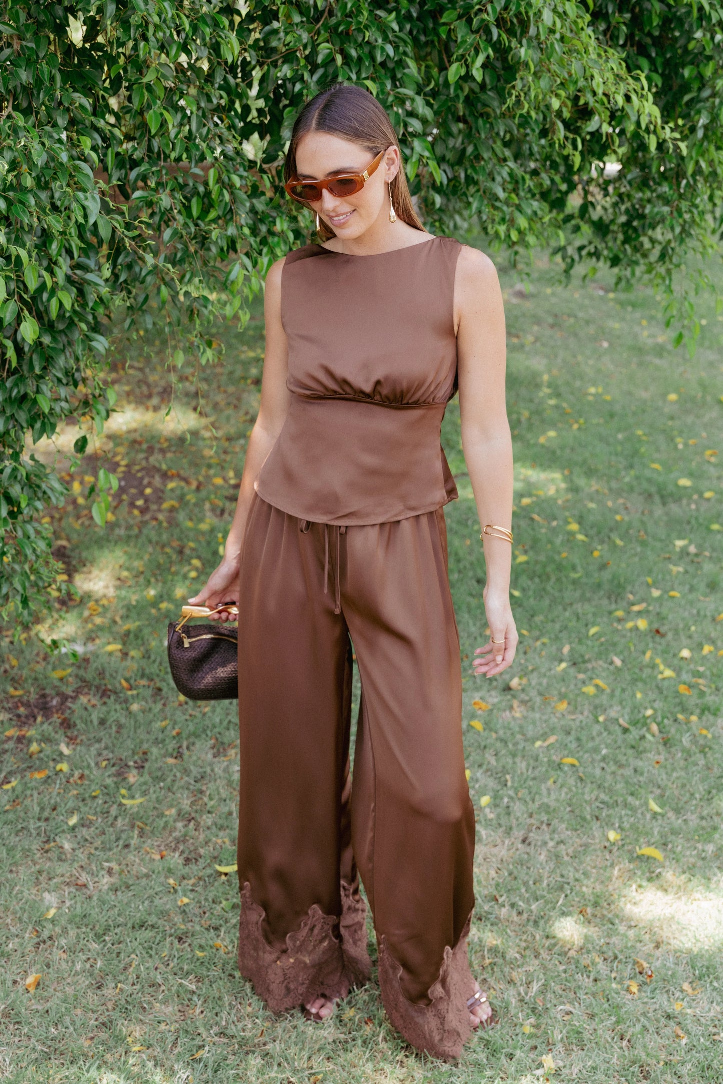 Viola Drawstring Wide Leg Pant Chocolate