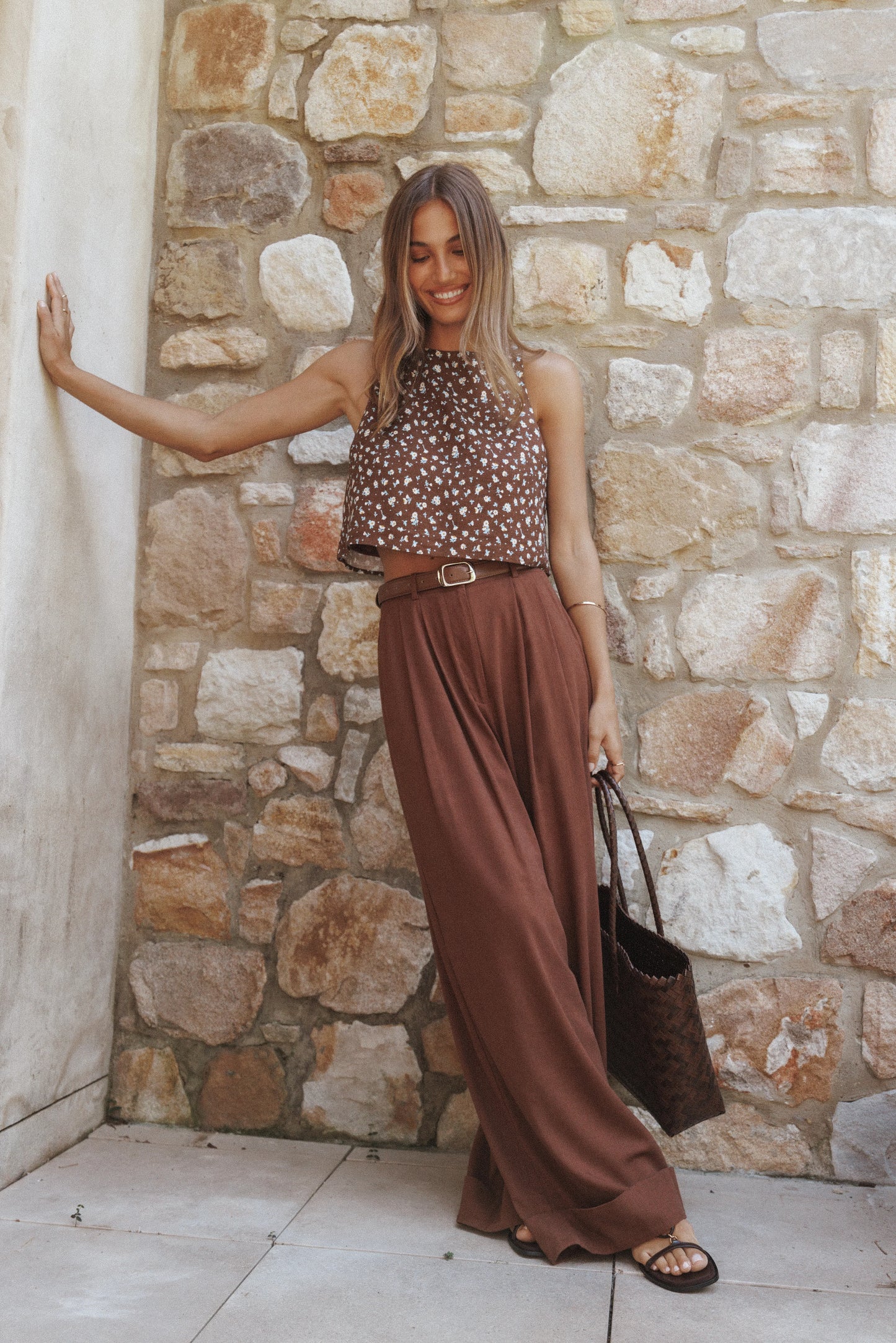 Madison Linen Cropped Tank Brown Floral