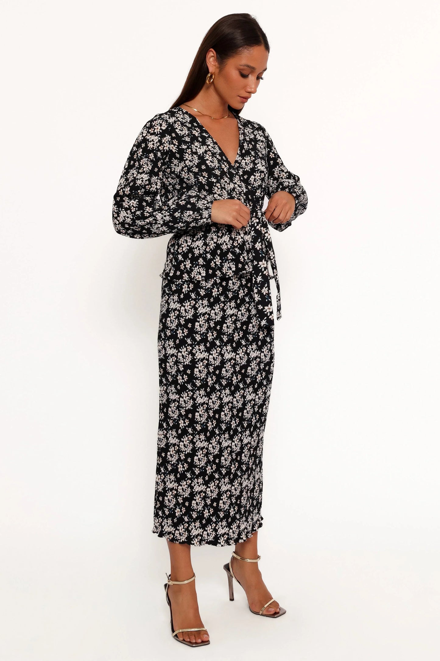 Minelli Pleat Midi Skirt Black White Floral