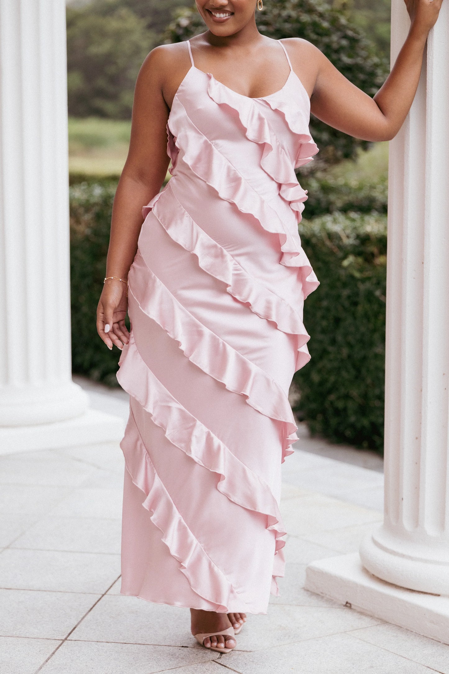 Ciao Ruffles Maxi Satin Dress Pink