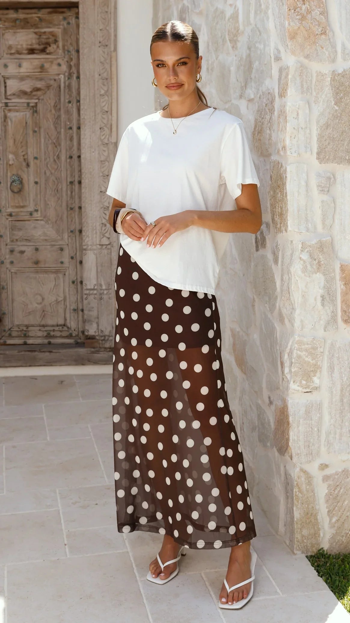 Onella Semi Sheer Maxi Skirt Chocolate White Polka Dot