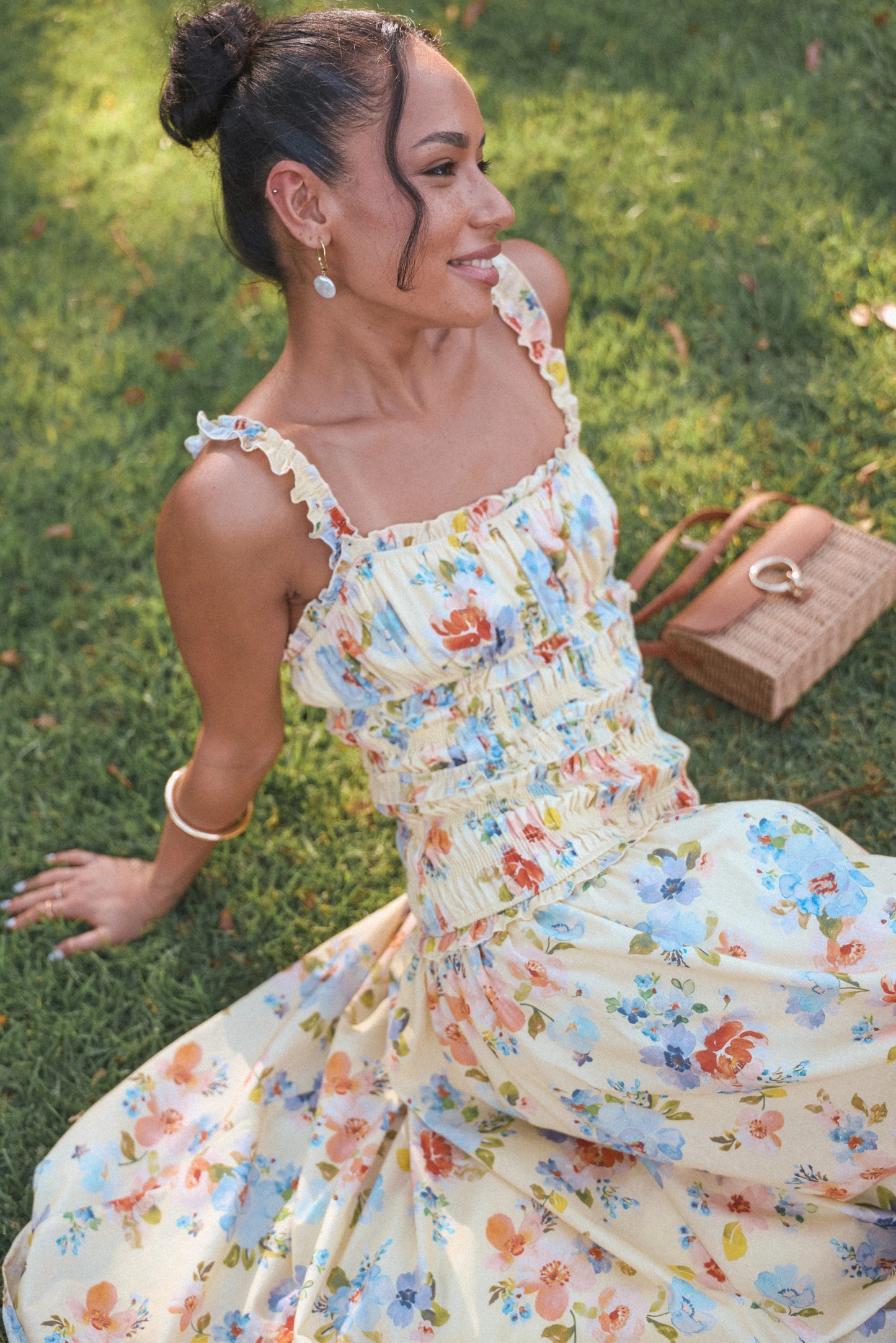 Enola Gather Midi Dress Yellow Floral