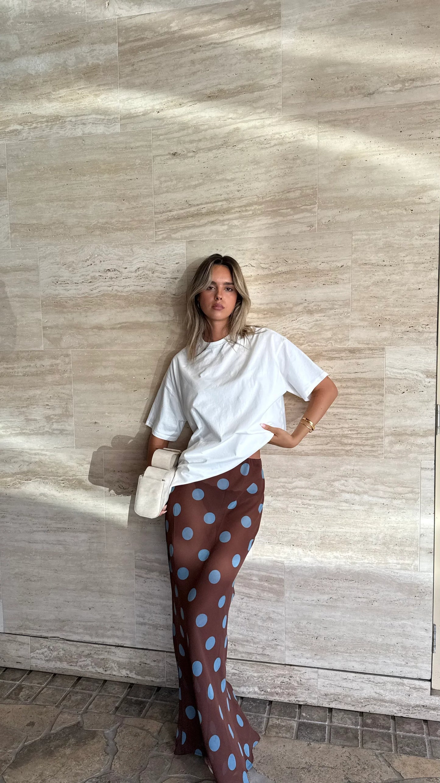 Yumi Oversized Tee and Sheer Skirt Set White Brown Blue Polka