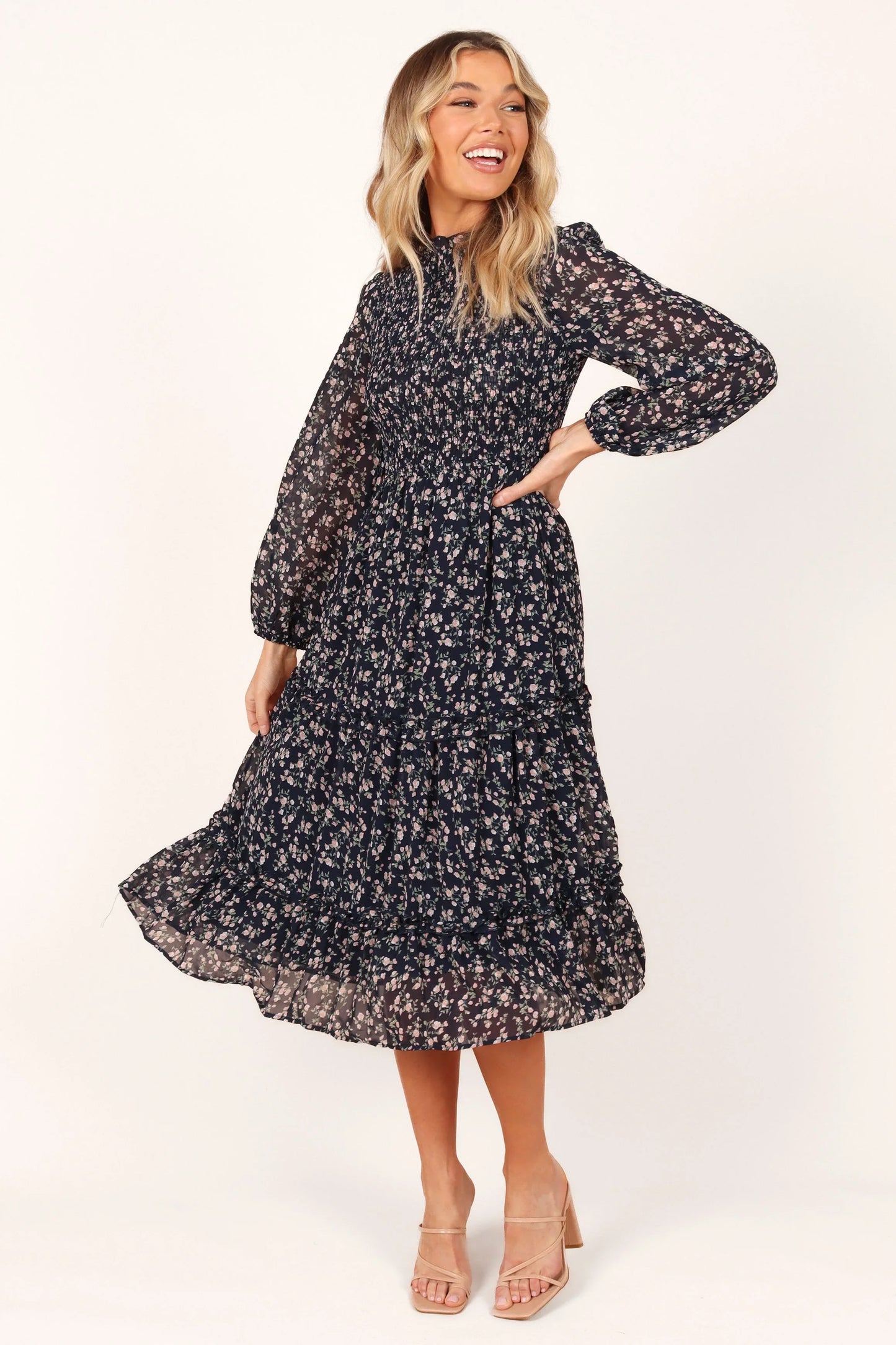 Edwina Shirred Frill Long Sleeve Midi Dress Navy Floral