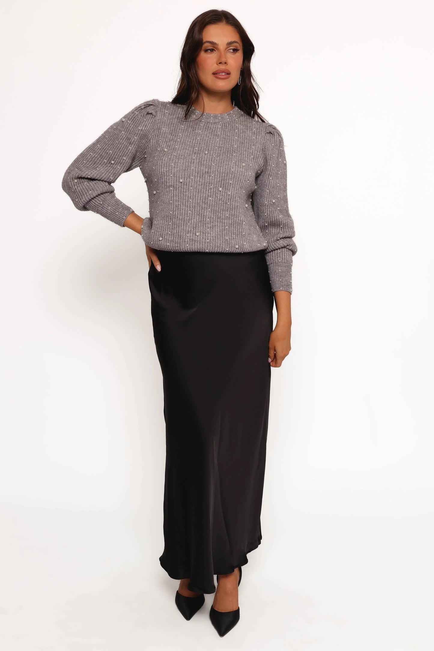 Makena Pearl Detail Knit Sweater Heather Grey