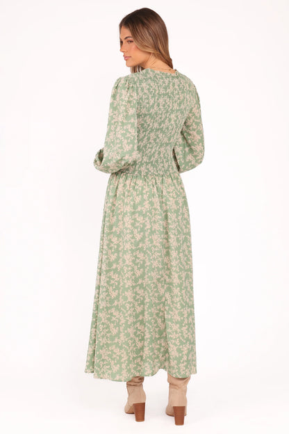 Ashara Long Sleeve Midi Dress Green Floral