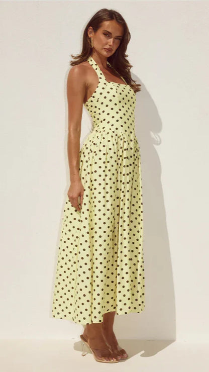 Sammi Halter Midi Dress Lemon Choc Polka