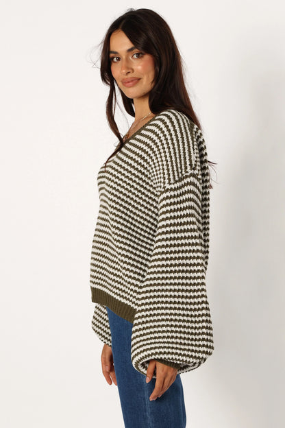 Becca Crewneck Waffle Stitch Stripe Knit Sweater Olive