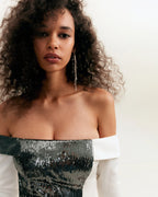 Noteworthy white satin maxi gown covered in silver sequins Xo Xo