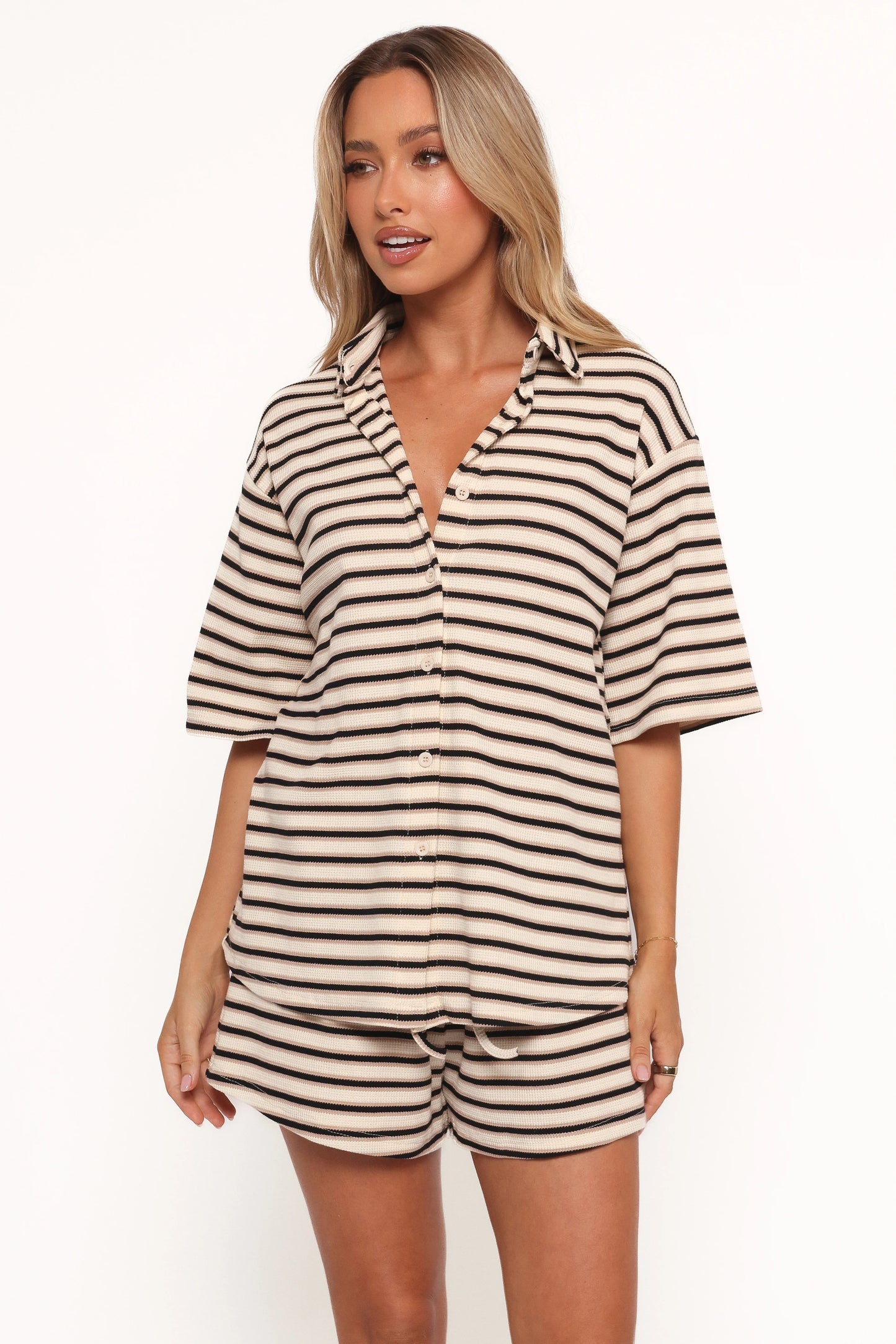 Alden Cotton Knit Set Beige Black Stripe