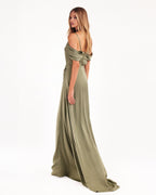 Elegant olive off the shoulder silk maxi dress