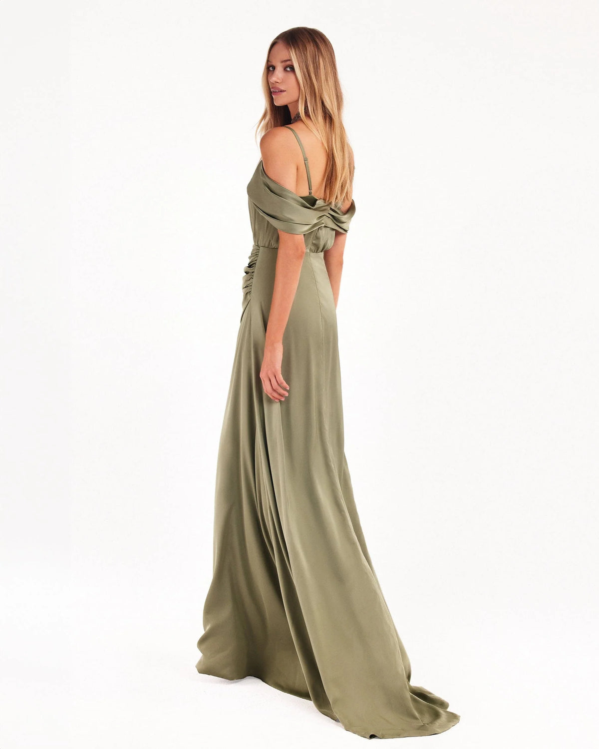 Elegant olive off the shoulder silk maxi dress