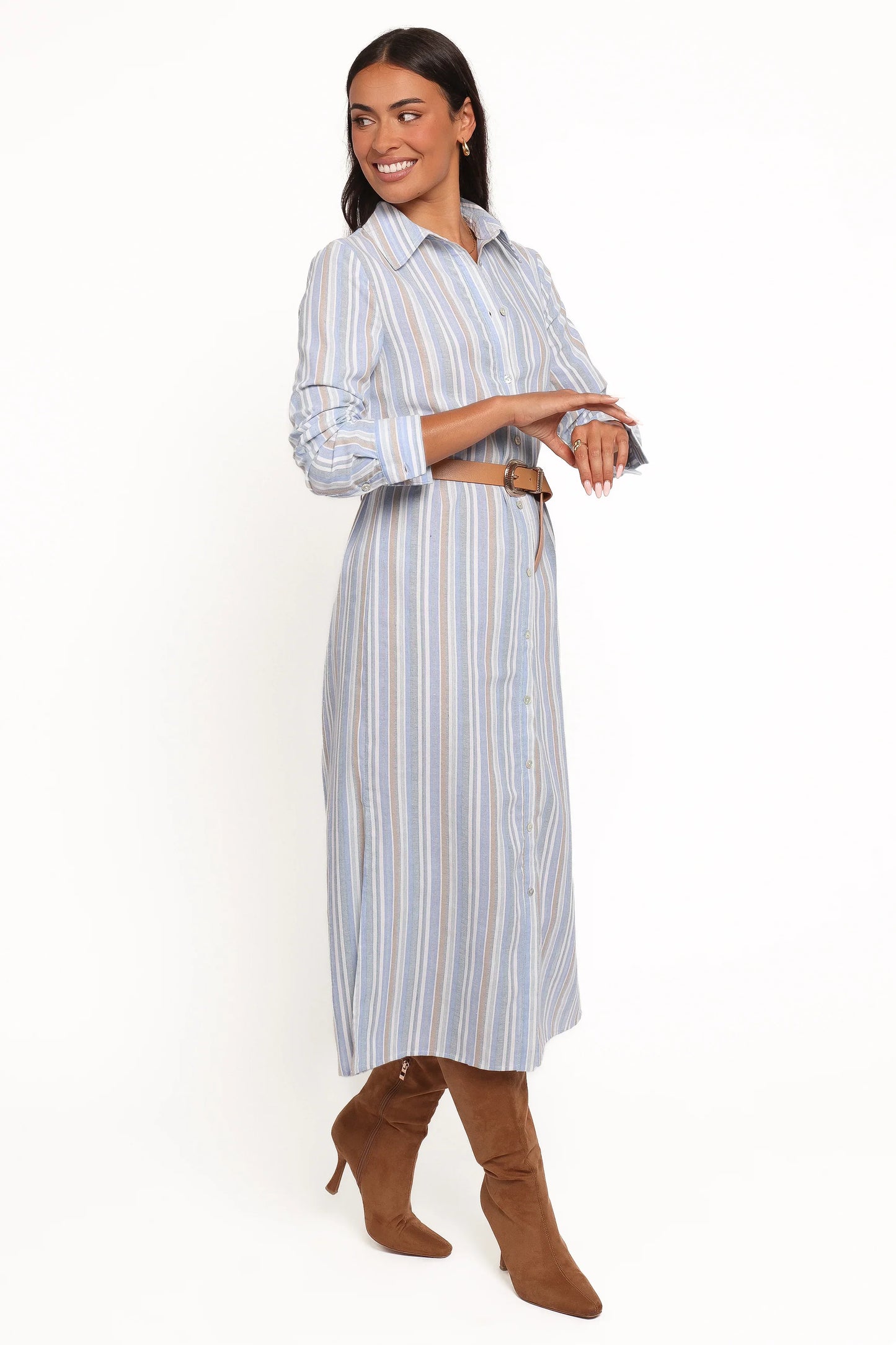 Caprice Long Sleeve Button Down Maxi Dress Blue Stripe