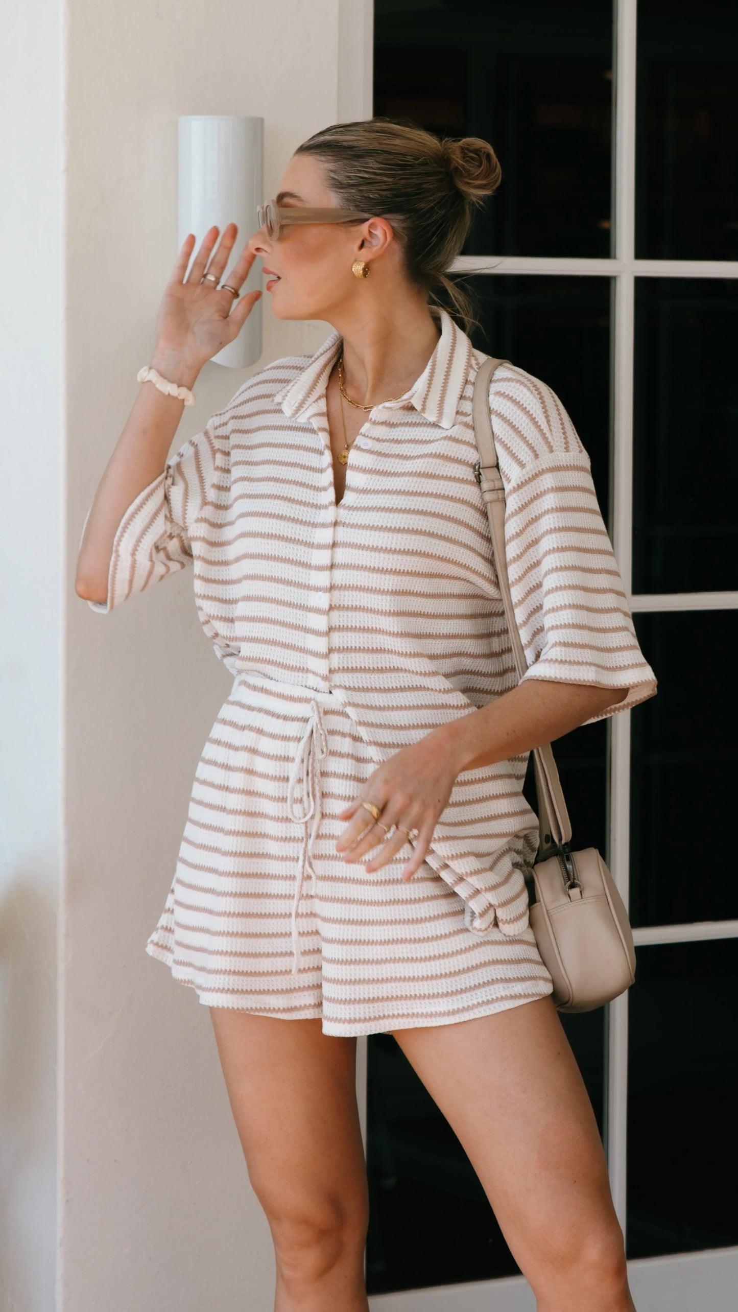 Lacole Button Up Shirt and Shorts Set White Beige Stripe
