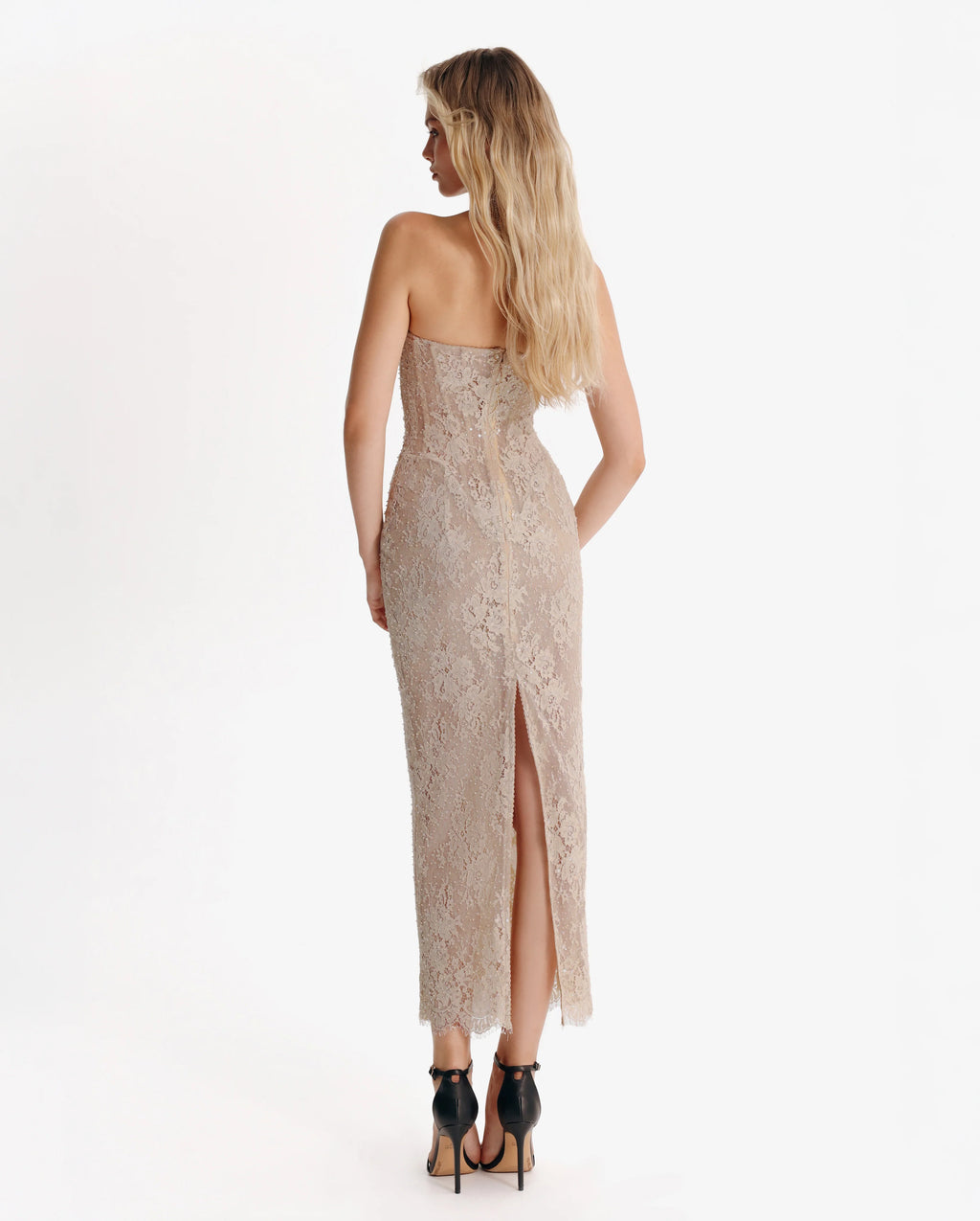 Nude lace corset maxi dress