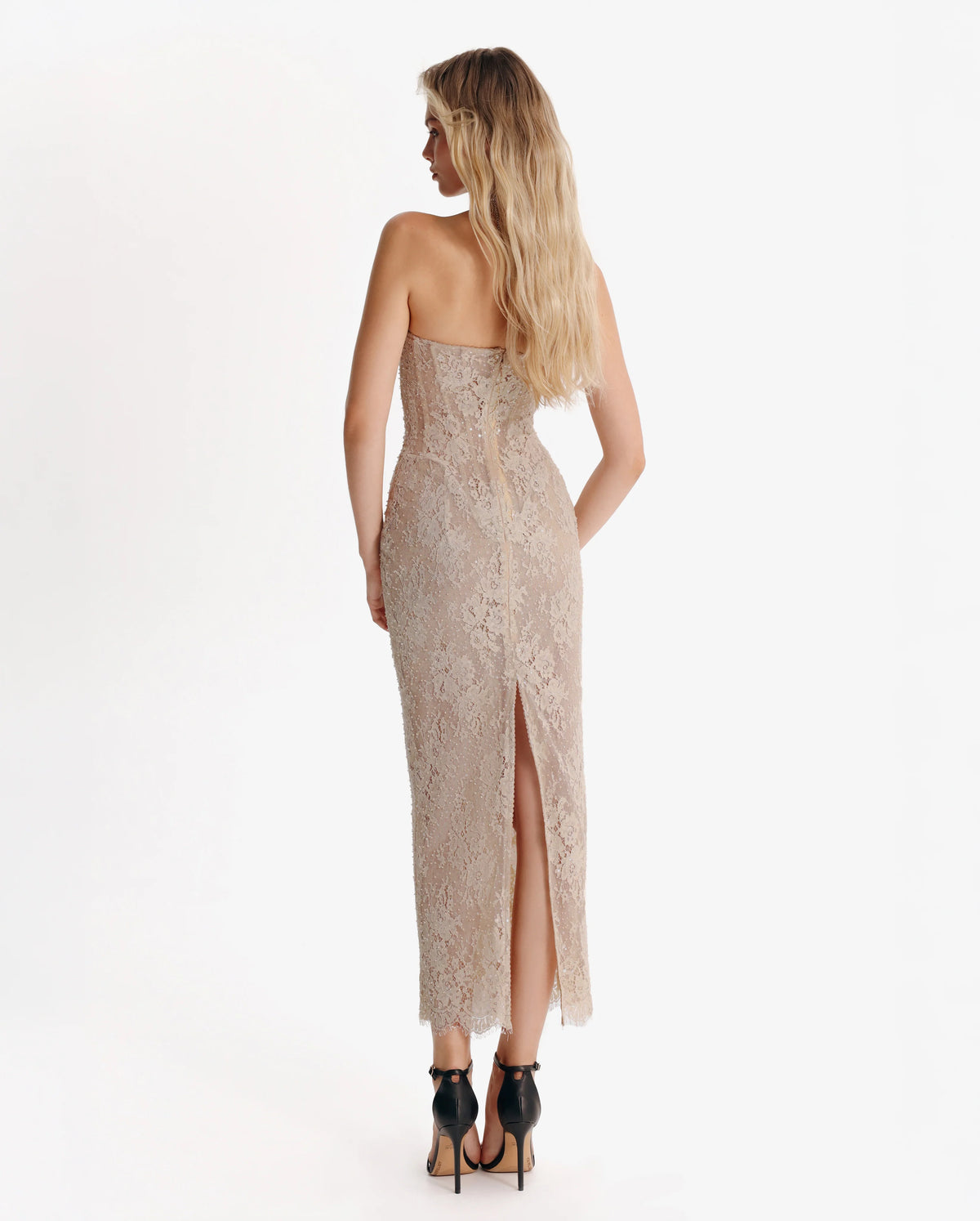 Nude lace corset maxi dress