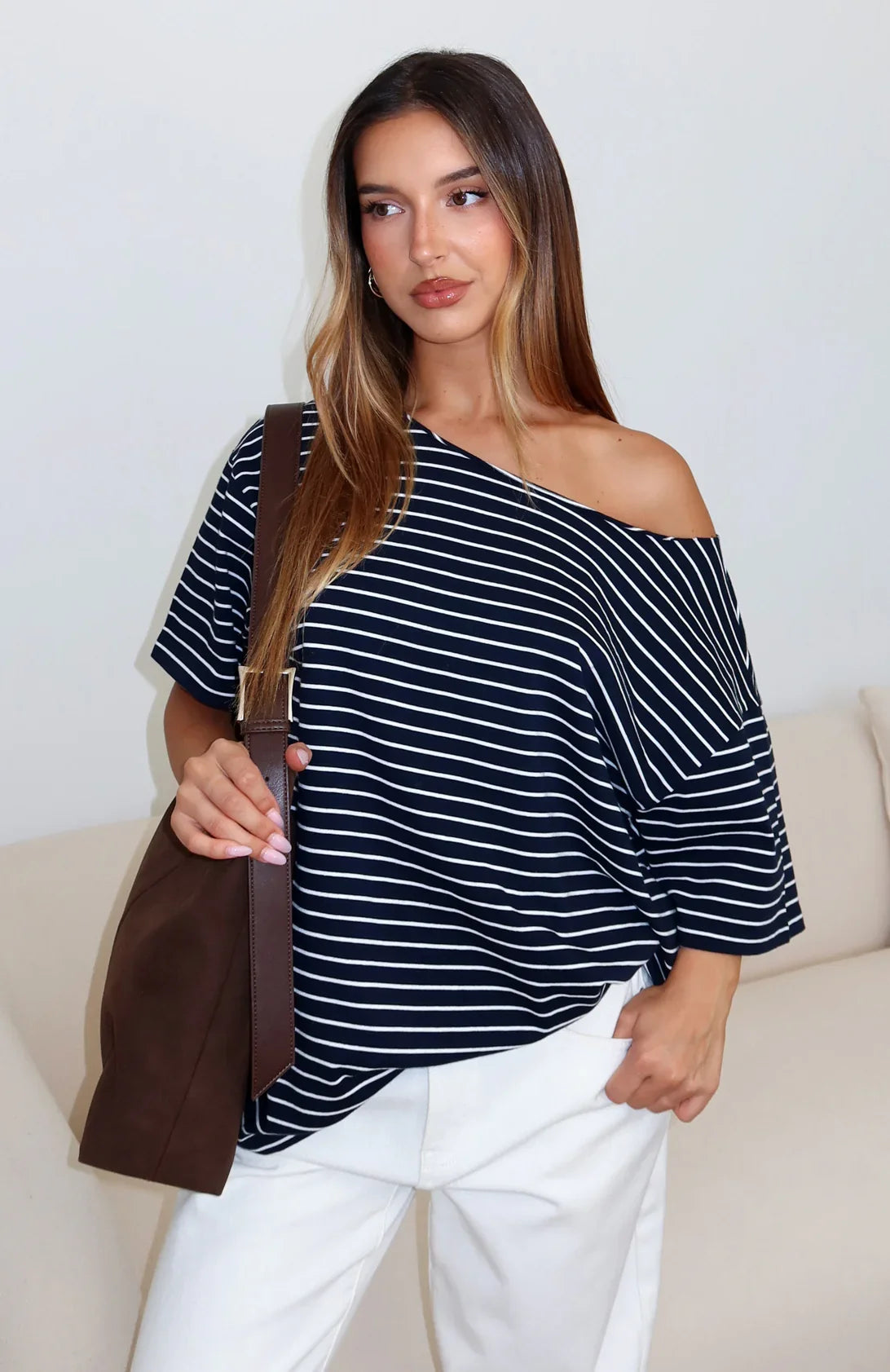 Give Me Options Off Shoulder Tee Navy White Stripe