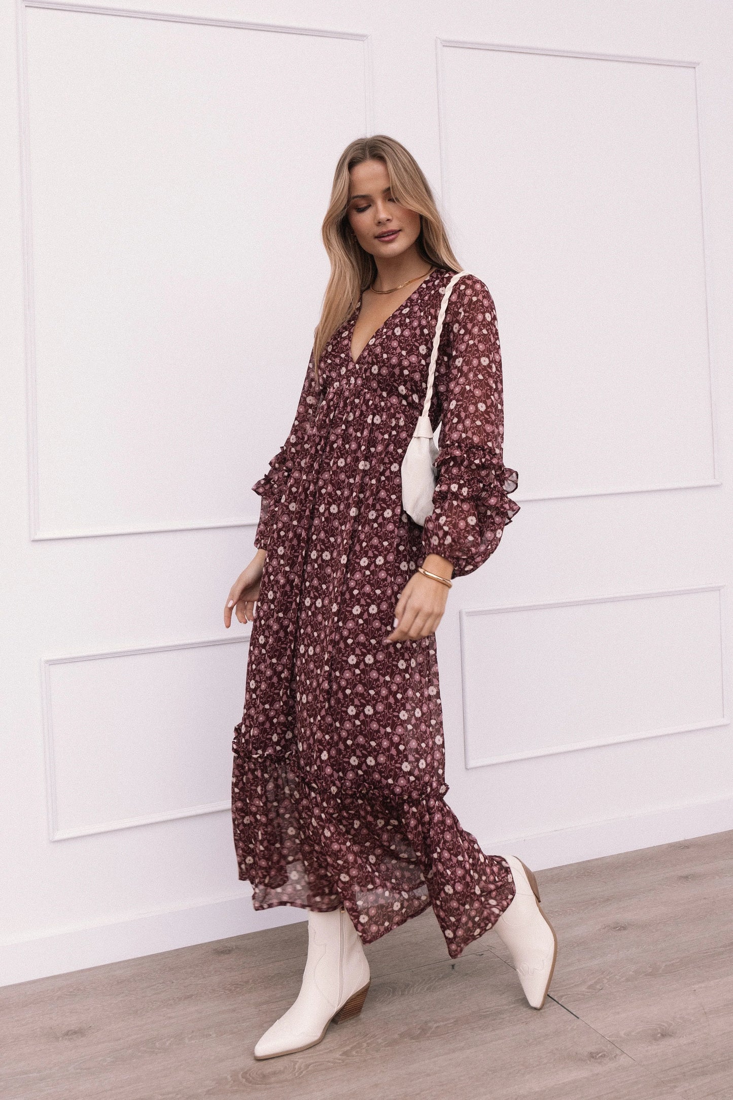 Evian Long Sleeve Maxi Dress Burgundy Multi