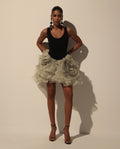 Voluminous olive organza floral mini skirt