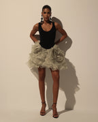 Voluminous olive organza floral mini skirt