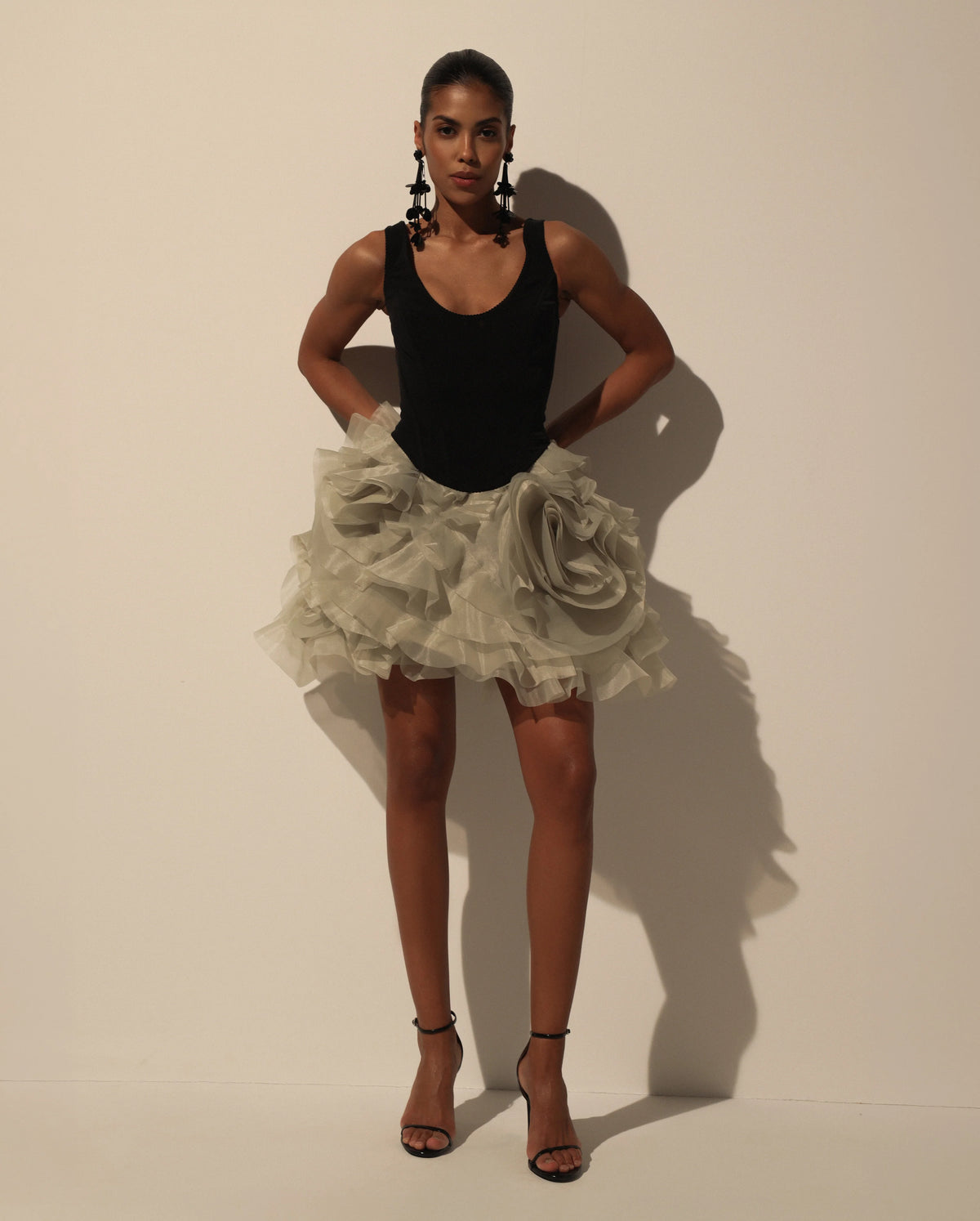Voluminous olive organza floral mini skirt
