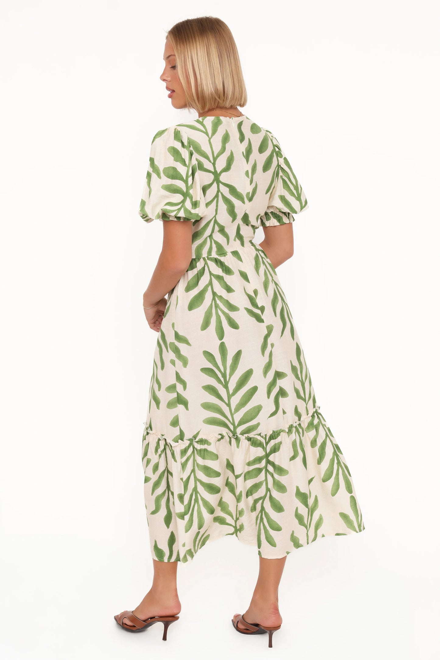 Steele Puff Sleeve Midi Dress Green Palm