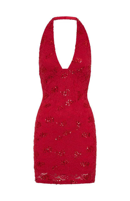 Disco Damage Lace Mini Dress Red