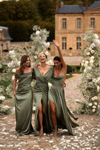 Elegant olive off the shoulder silk maxi dress