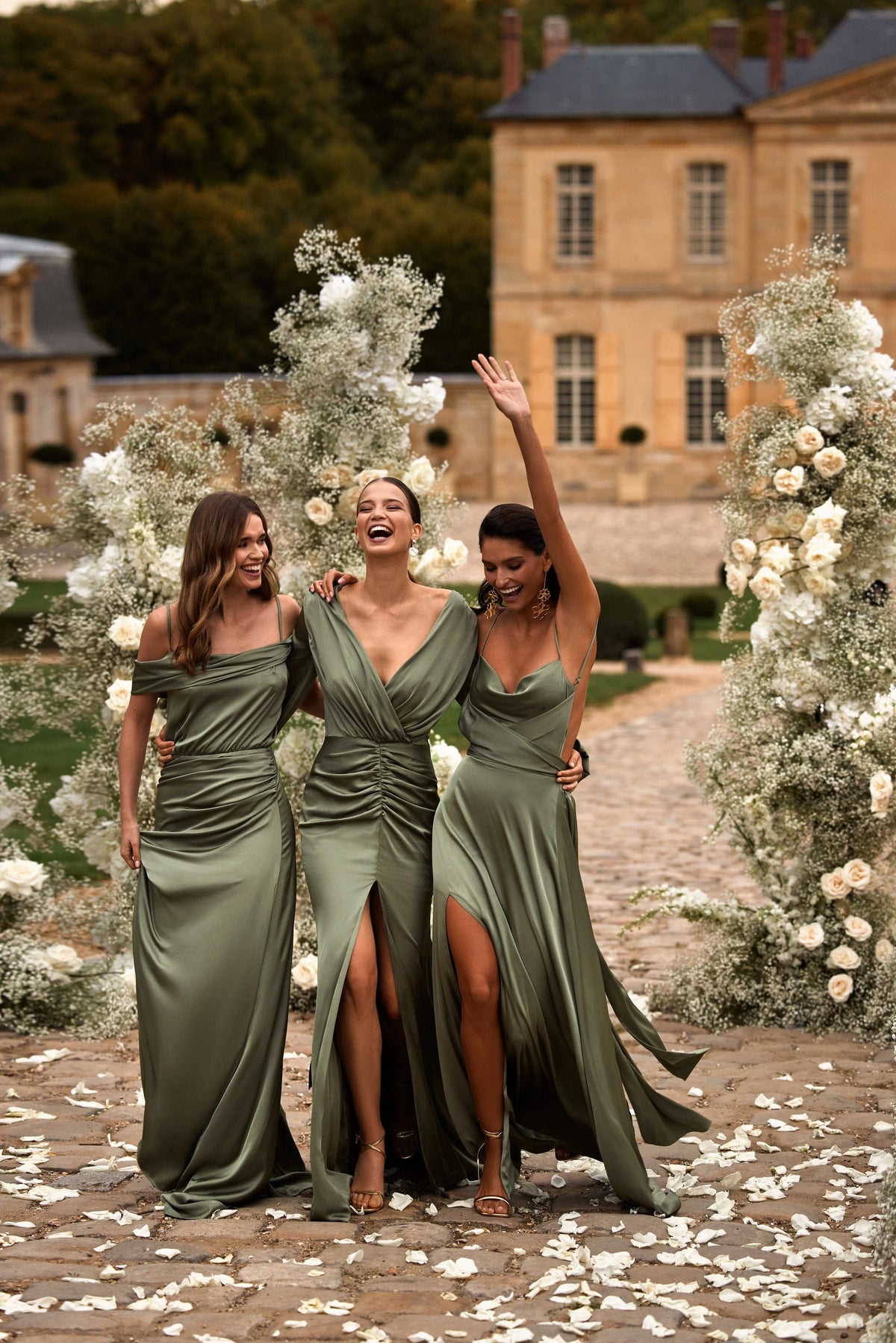 Elegant olive off the shoulder silk maxi dress