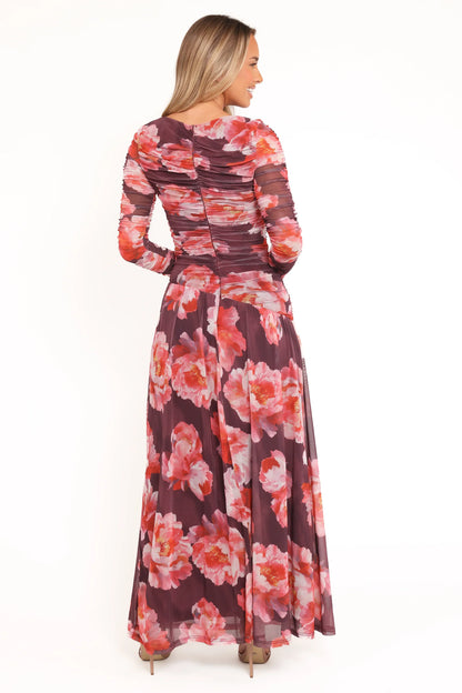 Calypso Long Sleeve Maxi Dress Burgundy Peony