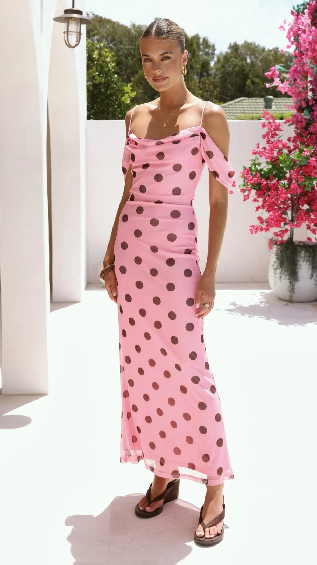 Mairi Maxi Dress Pink Brown Polka