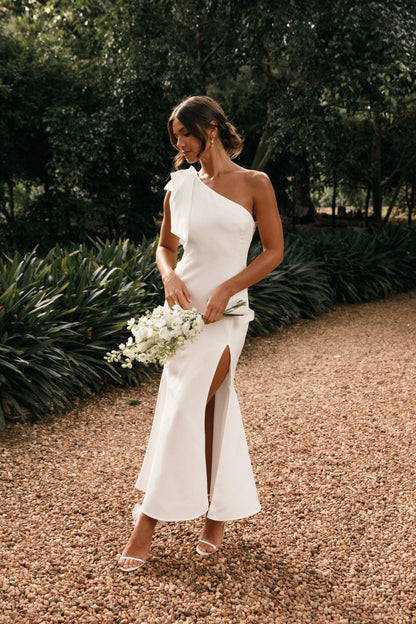 Charmed One Shoulder Midi Dress Off White