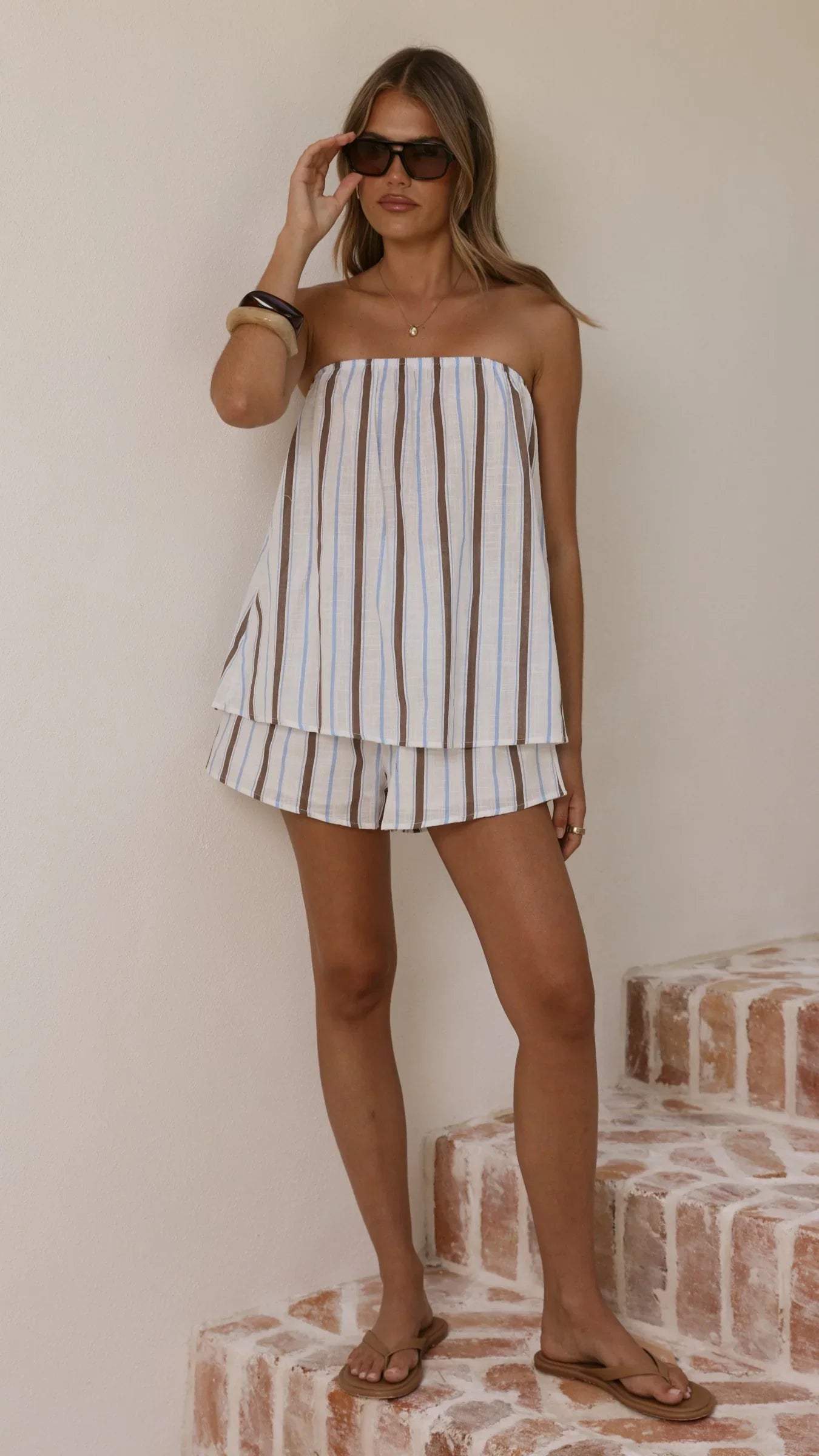 Calliope Strapless Top and Shorts Set Choc Blue Stripe