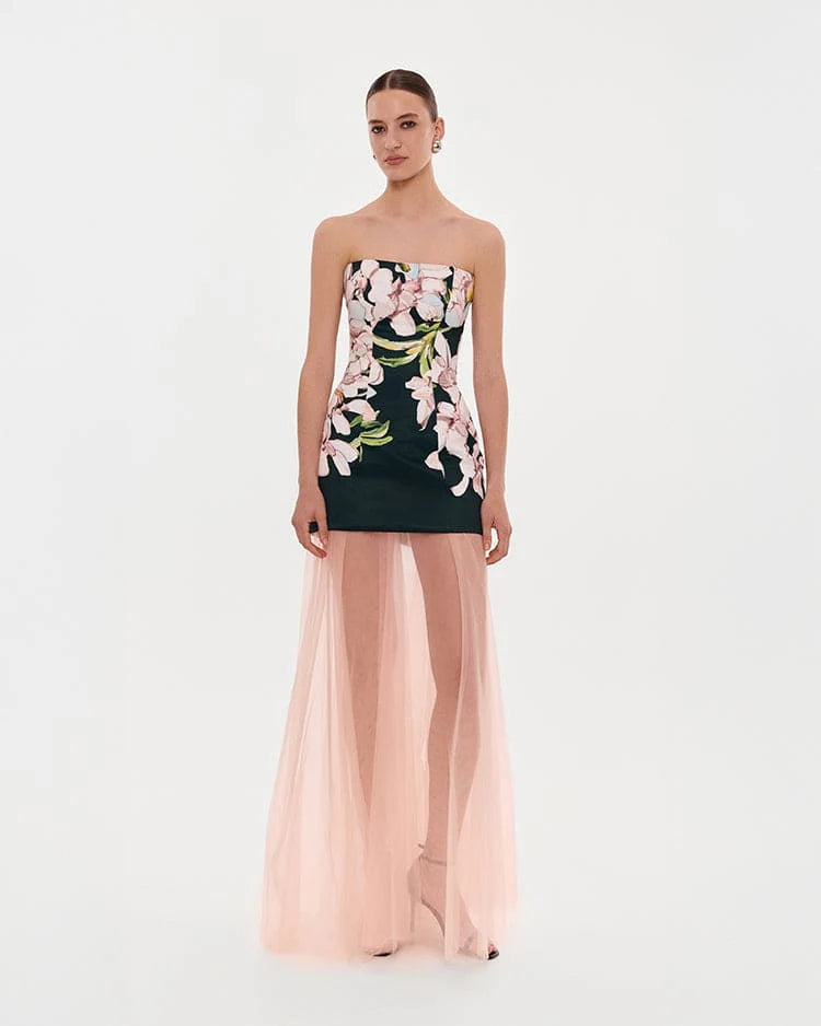 2 in 1 floral mini dress with a detachable light peach underskirt