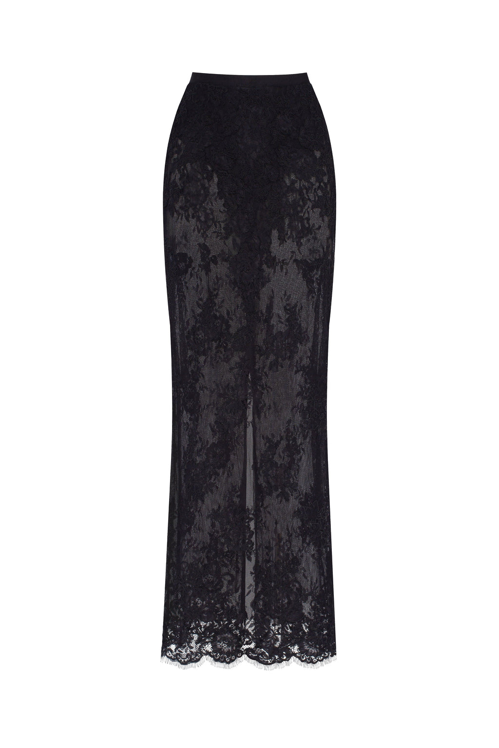 Sensual semi sheer maxi skirt crafted from black floral lace Parisienne