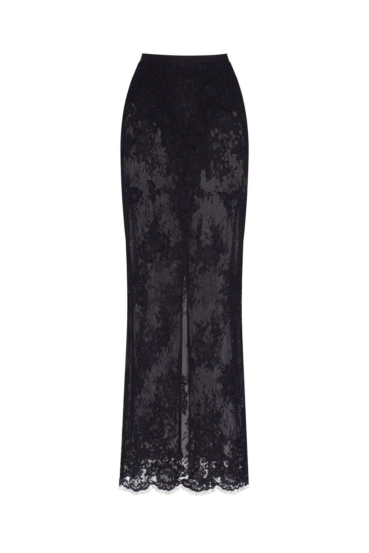 Sensual semi sheer maxi skirt crafted from black floral lace Parisienne