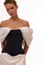 Sophisticated black fitted corset with white satin off the shoulder sleeves Midnight Walk