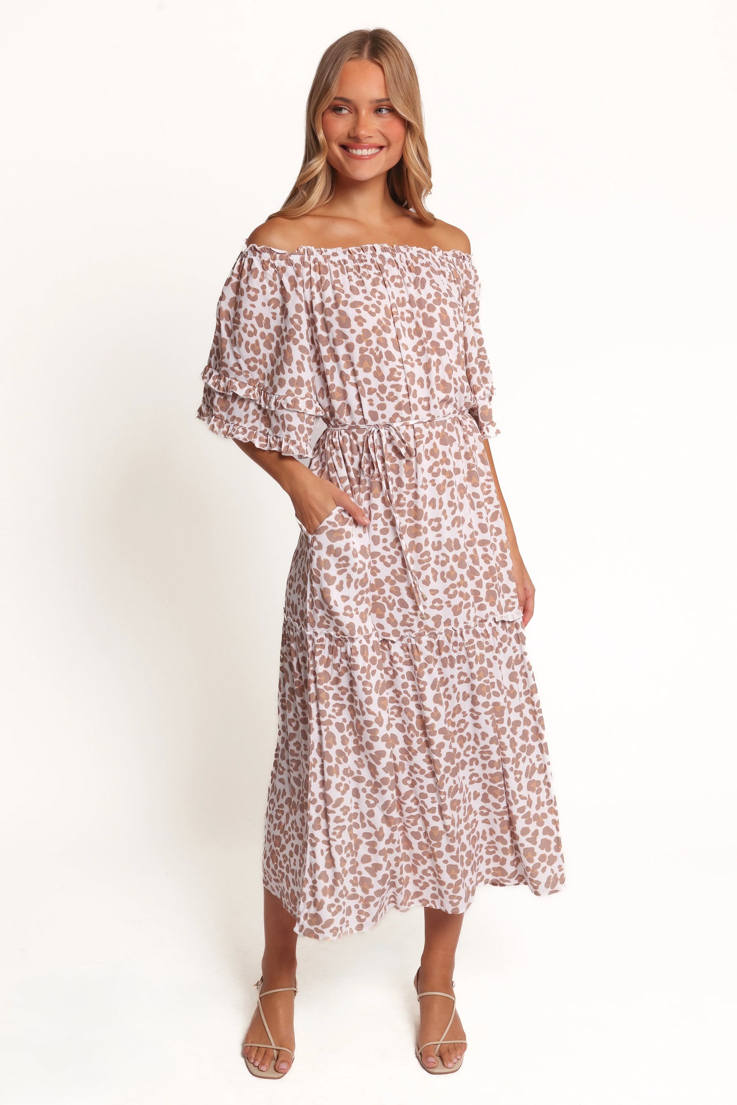 Rhody Off Shoulder Maxi Dress White Leopard