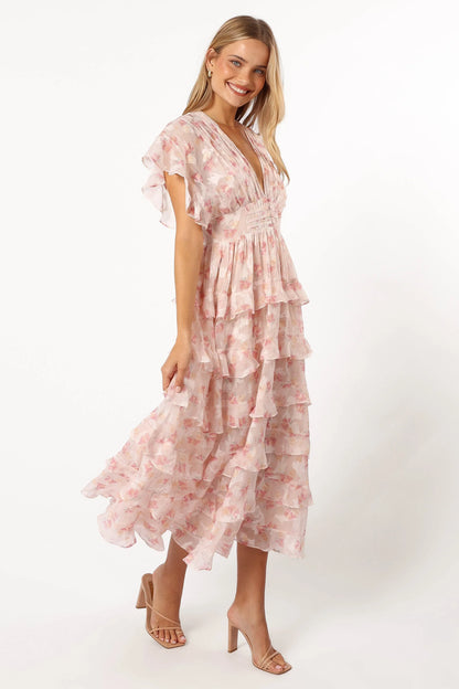 Daphne Ruffle Midi Dress Pink Orange