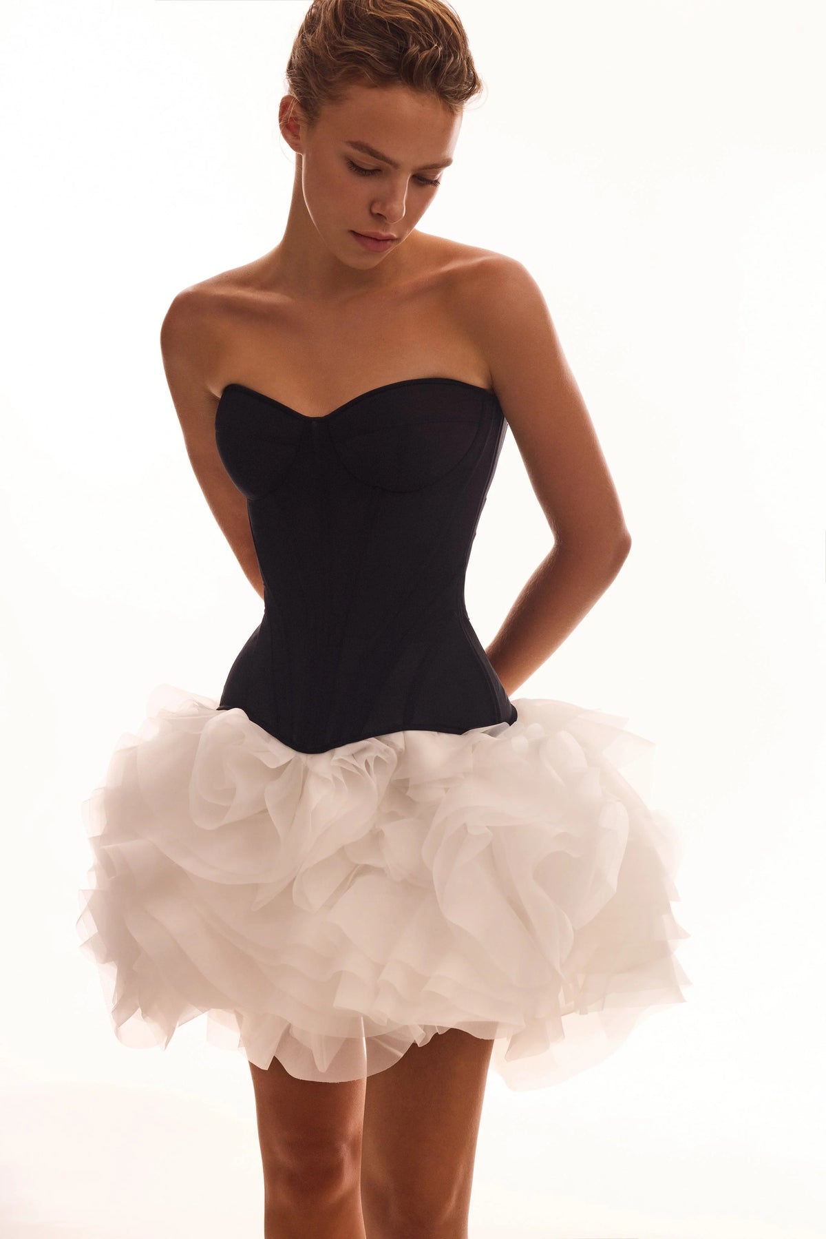 Danceable mini skirt with ruched flower appliques in white Midnight Walk