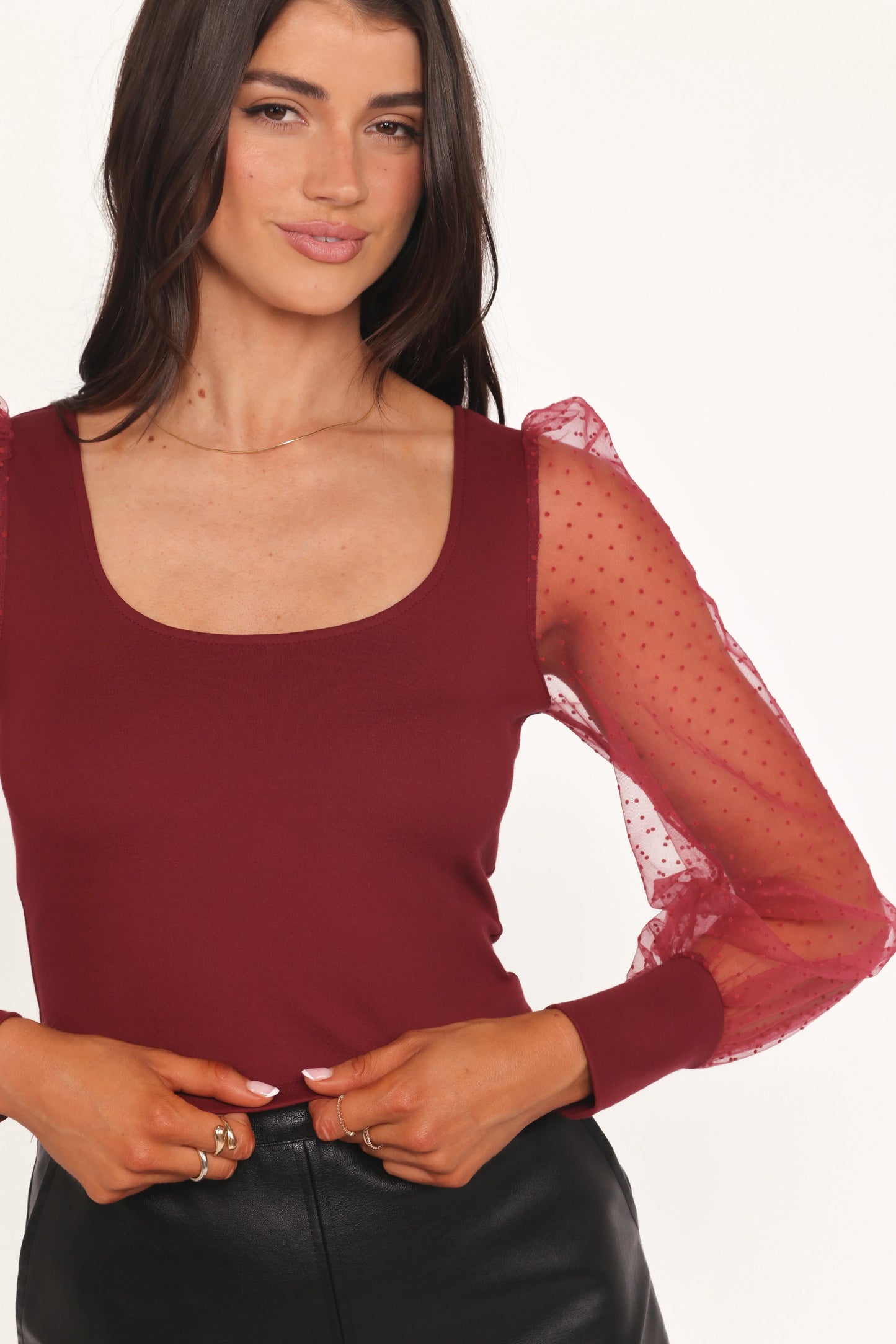 Wesson Sheer Sleeve Top Merlot