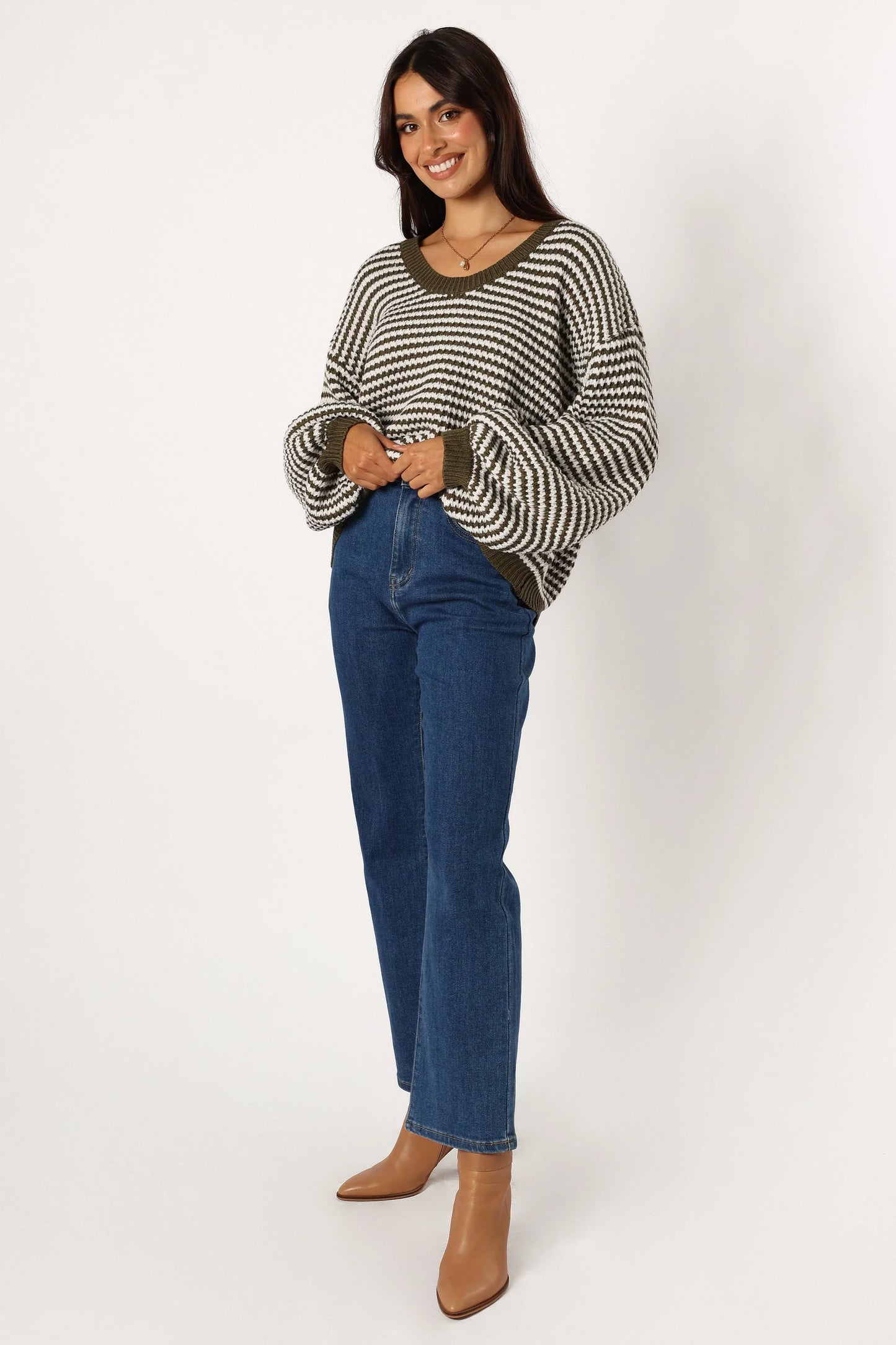 Becca Crewneck Waffle Stitch Stripe Knit Sweater Olive